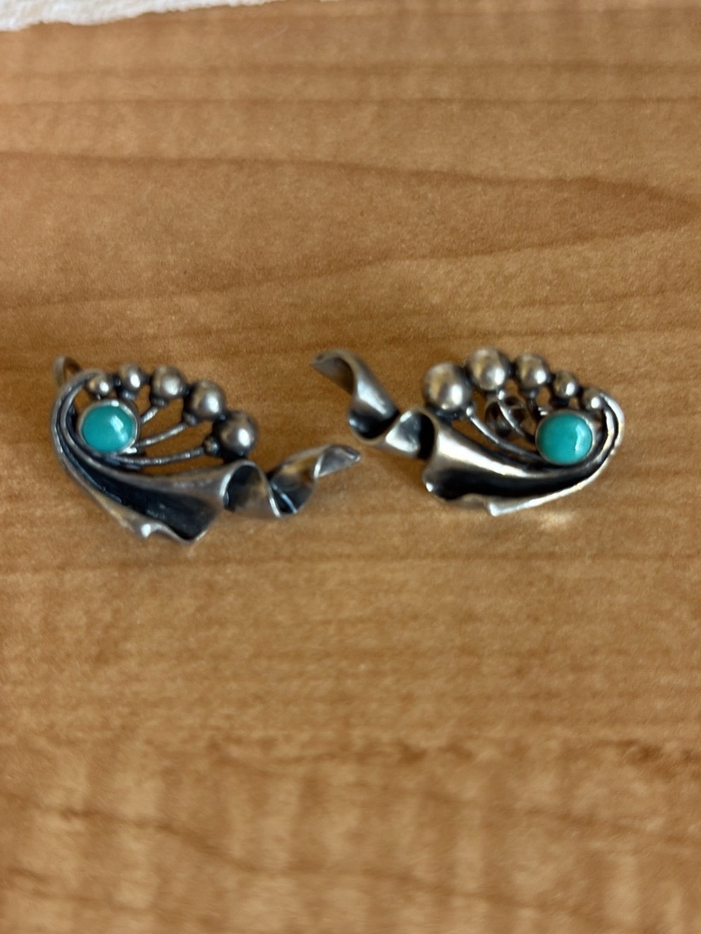 Taxco Sterling Silver Clip Earrings with Turquoise Cabochons